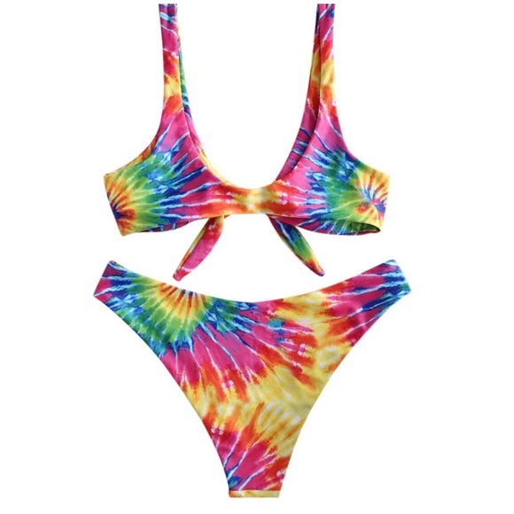 Zaful Tie Dye Bikini Swimsuit Rainbow Tie Front - Picture 3 of 4